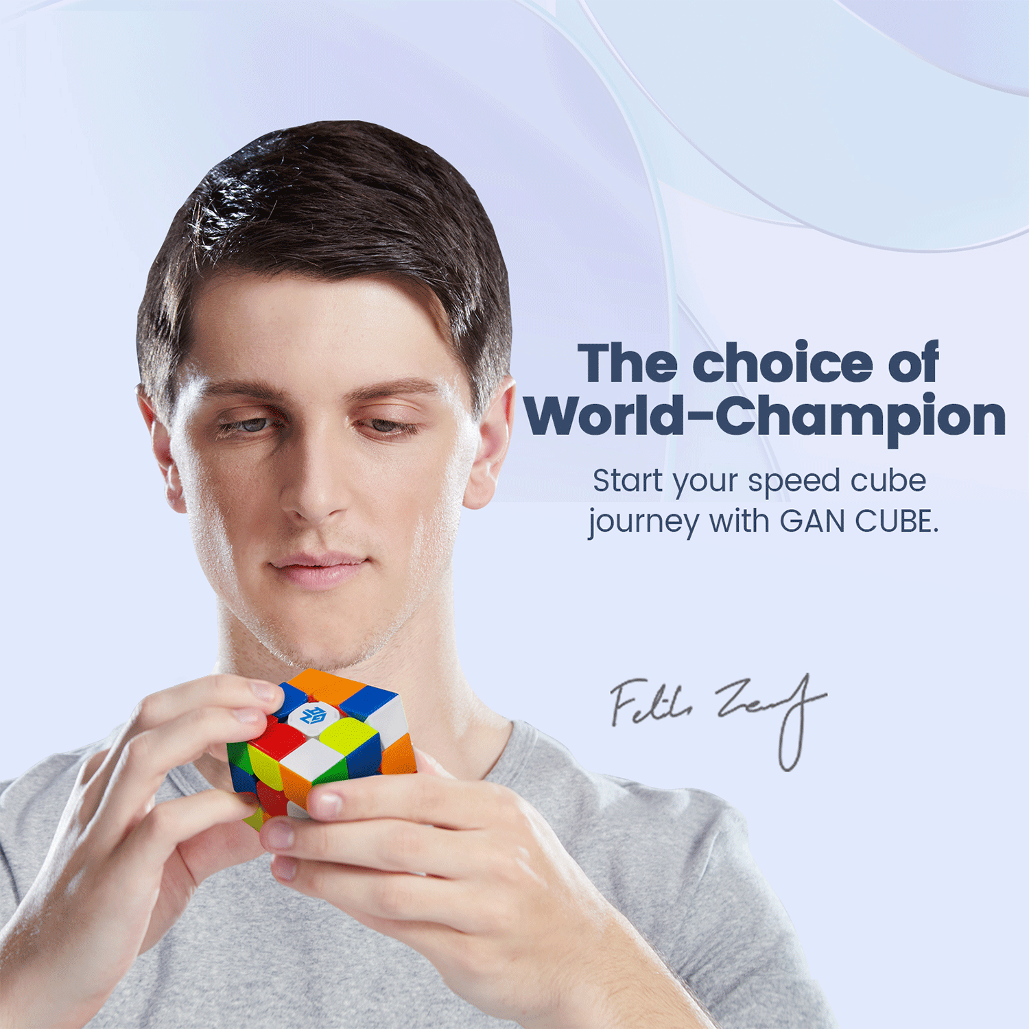 Young man solving colorful GAN Cube speed cube with text promoting GAN Cube as world-champion choice