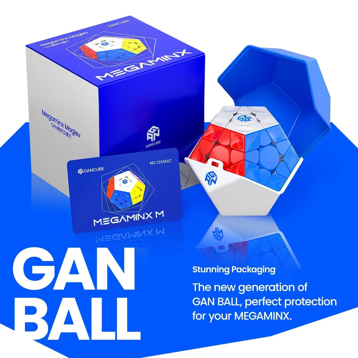 GAN Megaminx puzzle cube with colorful magnetic pieces in white protective GAN BALL case with blue and white packaging