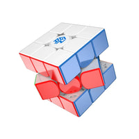 Partially twisted GAN12 Maglev 3x3 Rubik's Cube with white, red, and blue faces on white background