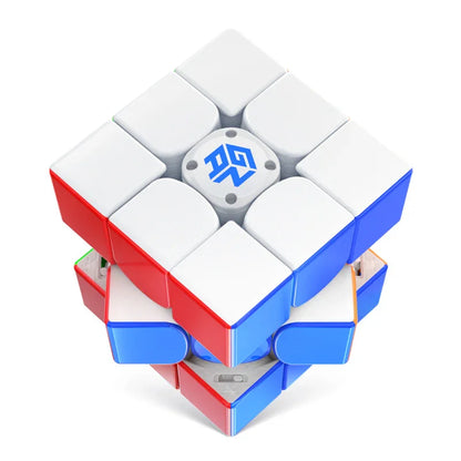 Smart speed cube with blue logo, red and blue sides, white face, advanced puzzle design