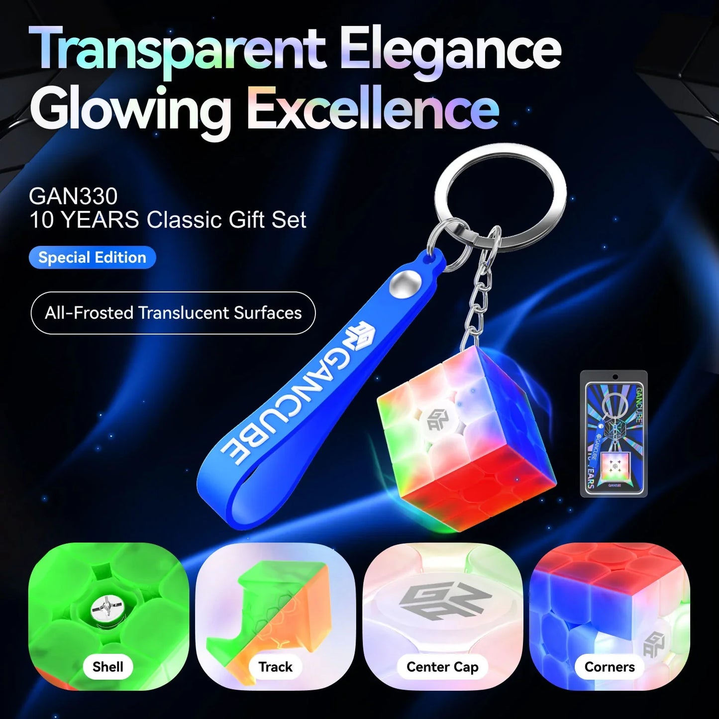 GAN330 translucent 3x3 puzzle cube keychain with blue GAN CUBE strap and close-ups of frosted shell, track, center cap, and corners