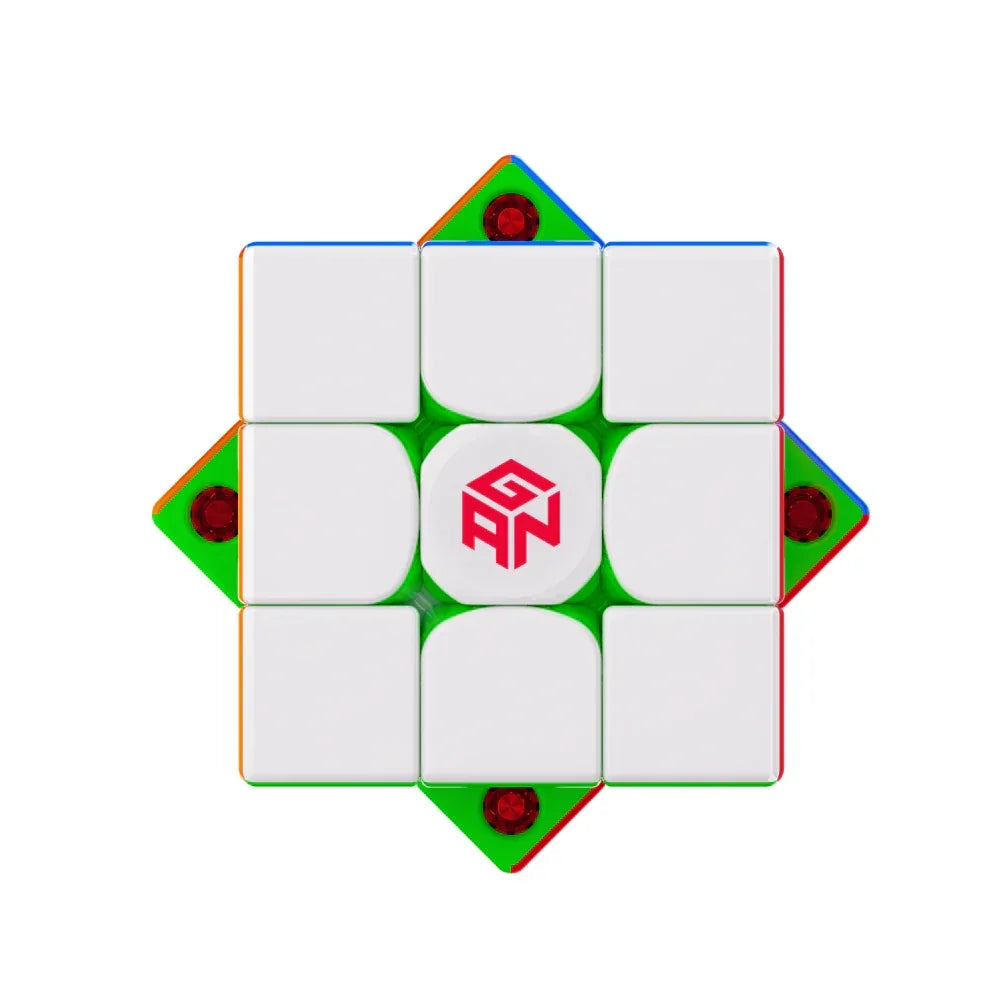 Top view of GAN 356 ME Christmas speed cube with white center stickers and green edges