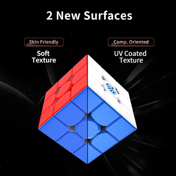 Comparison of two Rubik's Cube surfaces: skin friendly soft texture on red side and UV coated texture on white side