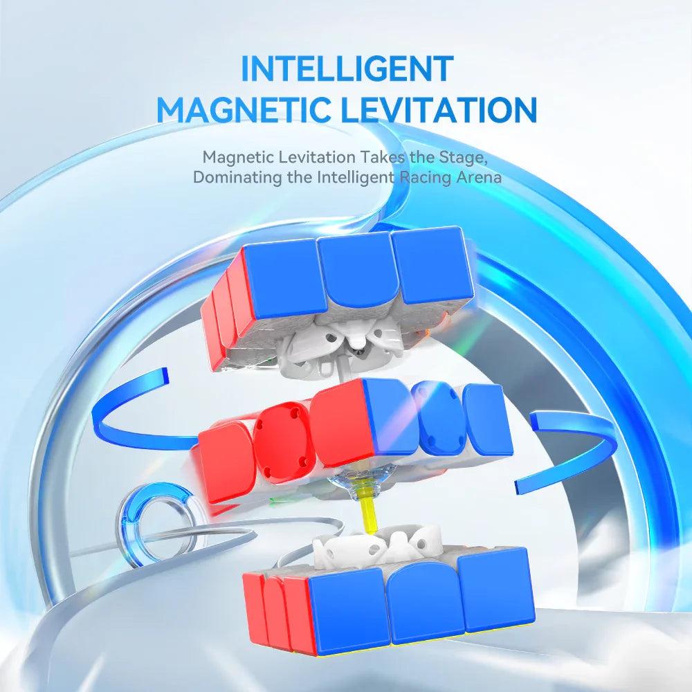 Smart magnetic levitation speed cube with intelligent racing tech, red and blue pieces floating in motion