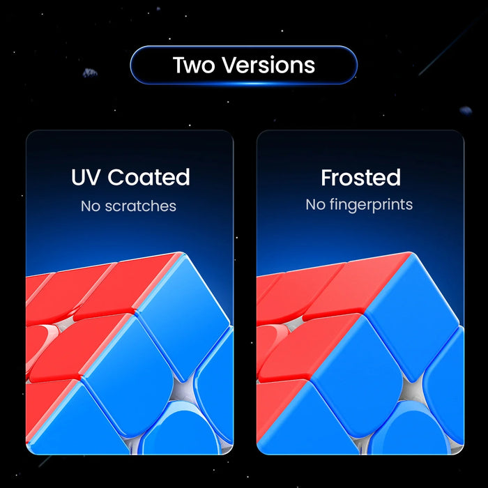 Comparison of two versions of a Rubik's Cube: UV coated with no scratches and frosted with no fingerprints