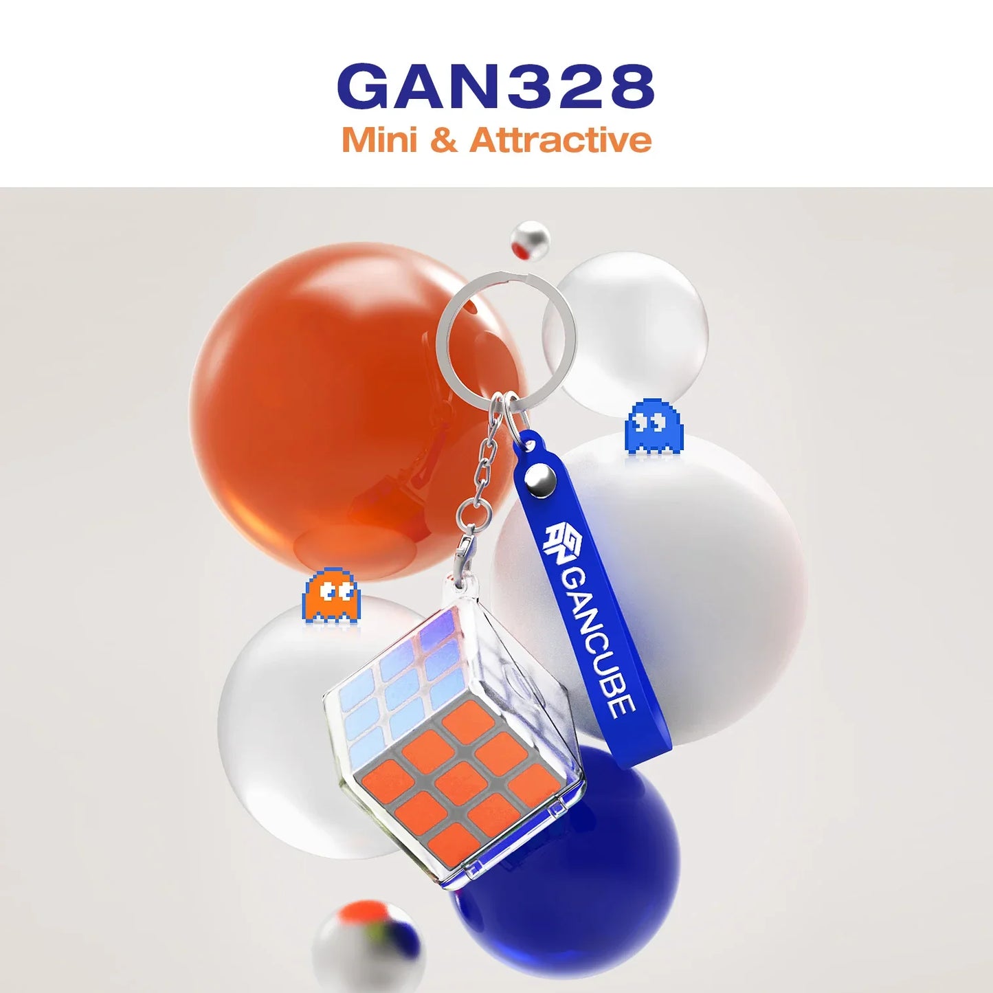 GAN328 mini Rubik's Cube keychain with blue GANCube tag surrounded by colorful spheres
