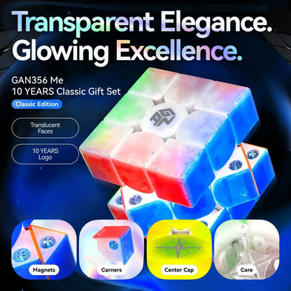 Transparent GAN356 Me 10 Years edition Rubik's Cube with visible magnets, corners, center cap, and core