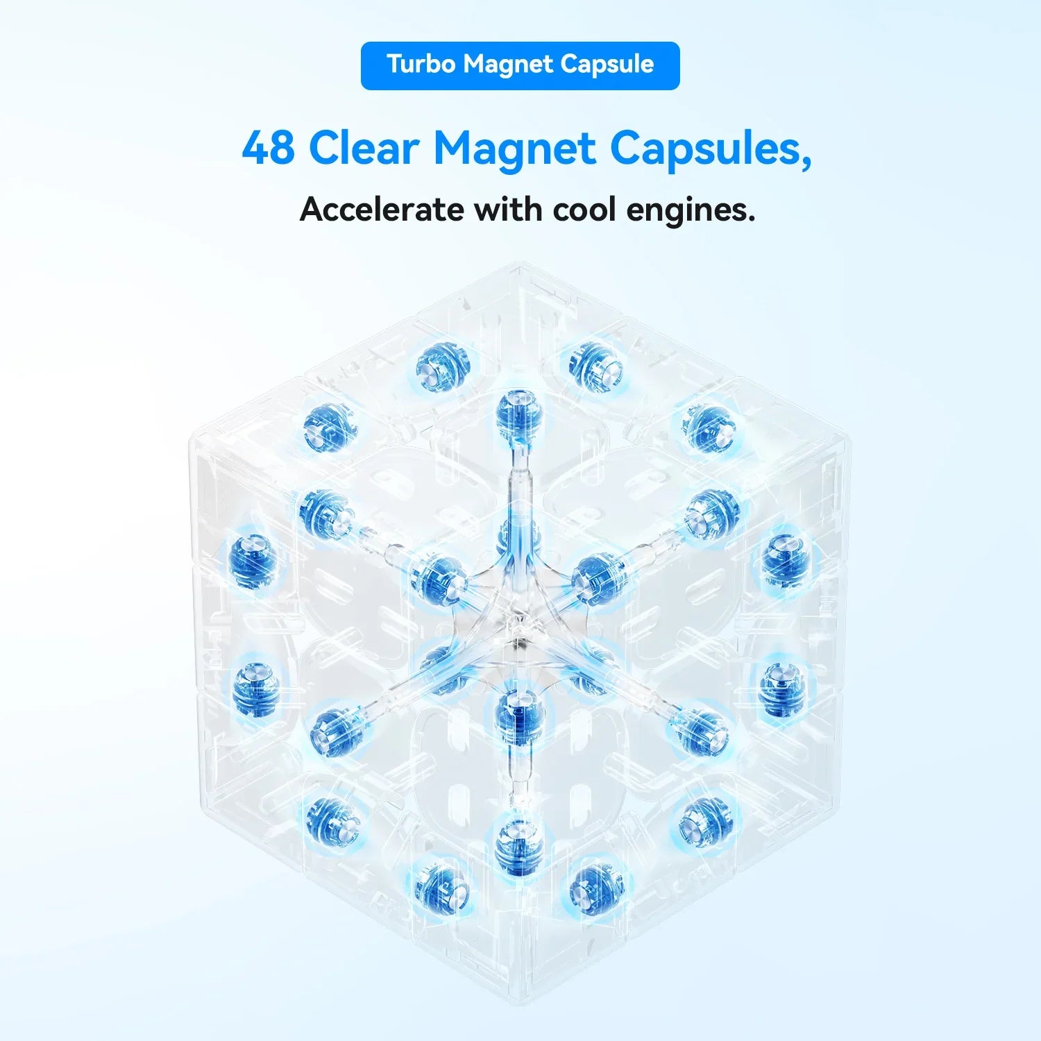 Transparent cube showing 48 clear blue magnet capsules with detailed motor mechanism inside