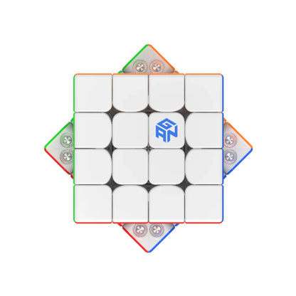 Top view of Gancube 460M V2 magnetized Rubik's cube with white center and visible screws