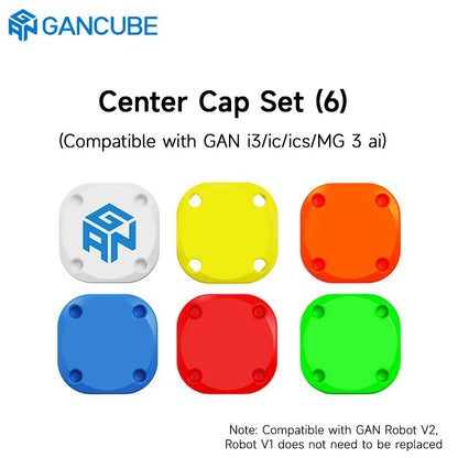 Set of six colorful GAN cube center caps in white, yellow, orange, blue, red, and green, compatible with GAN i3/ic/ics/MG 3 ai models