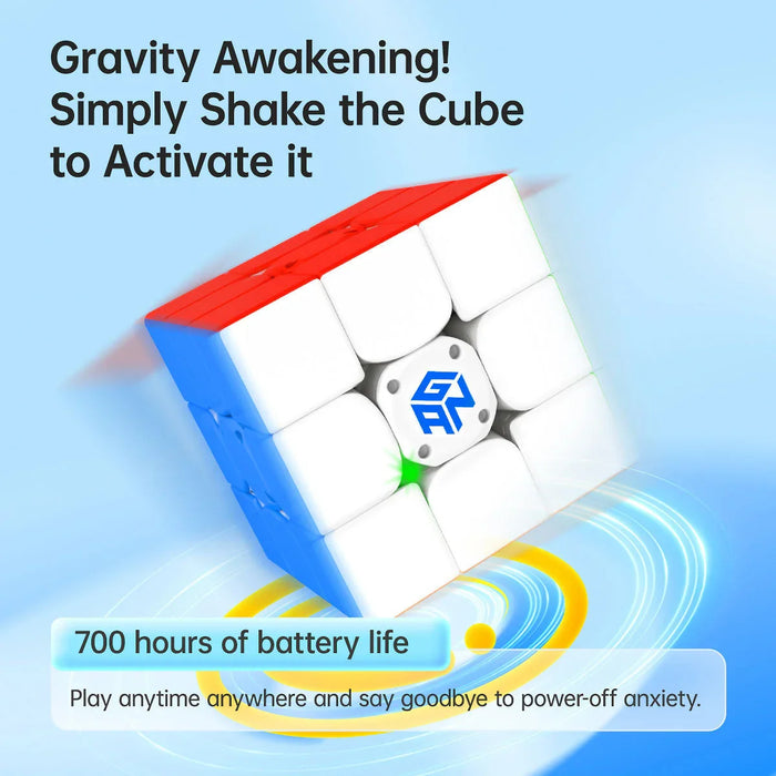 Smart Gan IC2 speed cube with Shake-to-Activate and 700 hours battery life on blue background