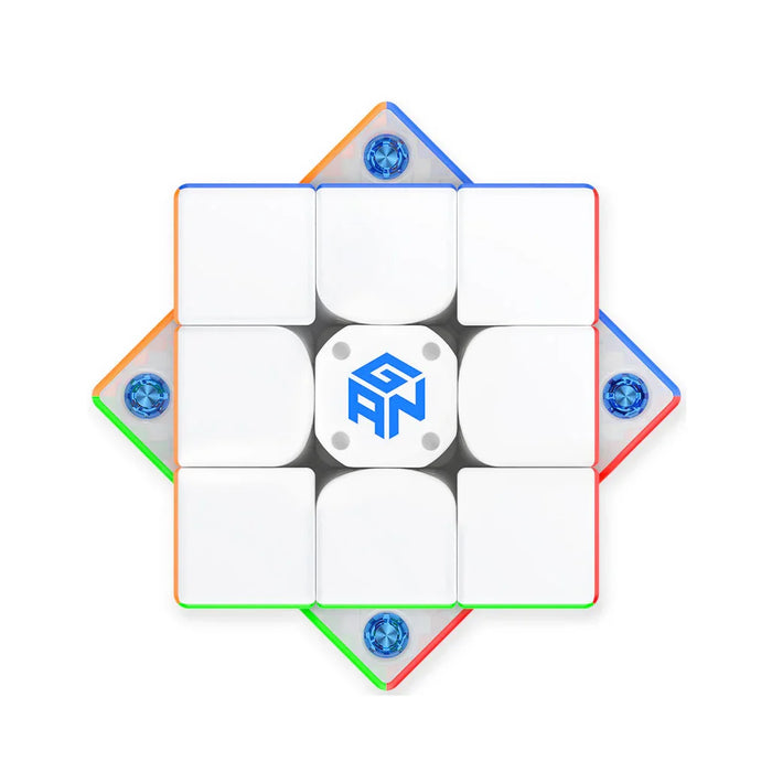 Top view of a white GAN Cube 2 UV speedcube with blue GAN logo and visible internal tensioning screws