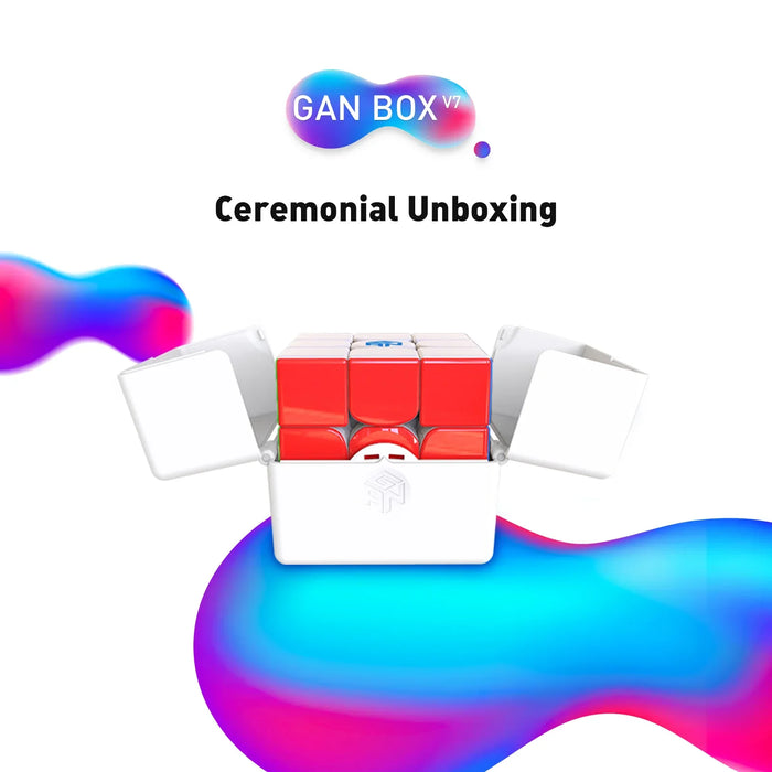 GAN BOX v7 ceremonial unboxing featuring a red and white Rubik's cube in a white case with colorful blue and purple accents
