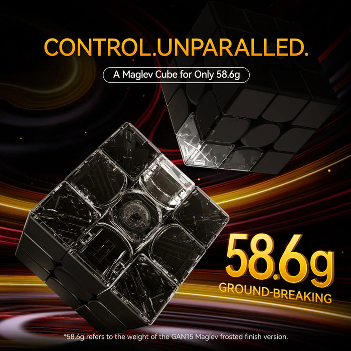 Black and transparent GAN15 Maglev speed cube with 58.6g lightweight, highlighting internal mechanism