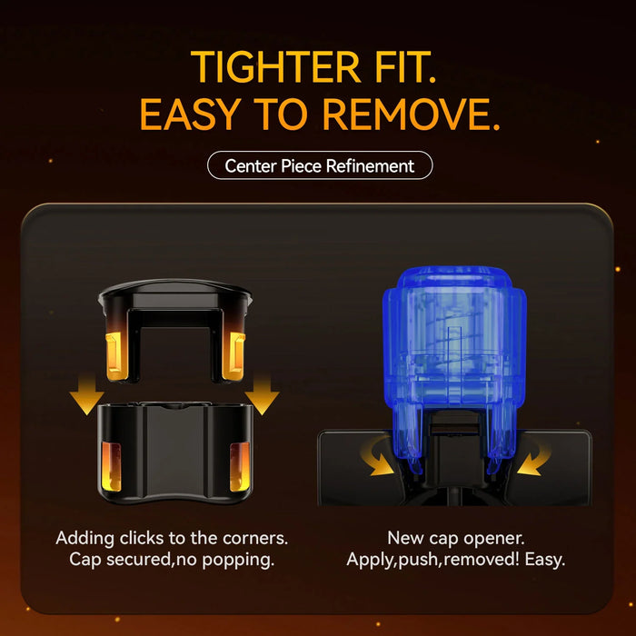 Diagram showing black and blue plastic center piece parts with secure cap and new easy-remove cap opener