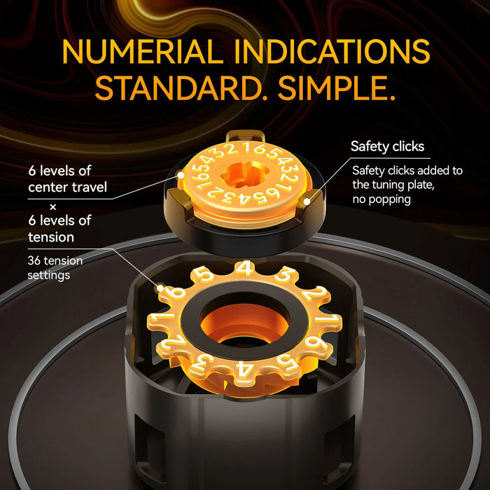 Close-up of a black and orange tension tuning dial with numerical indicators showing 6 levels of center travel and 36 tension settings