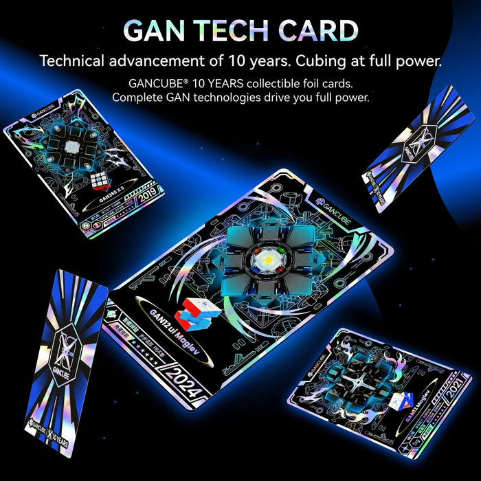 GANCUBE 10 years collectible foil tech cards featuring GAN12 Maglev and GAN356XS cube designs