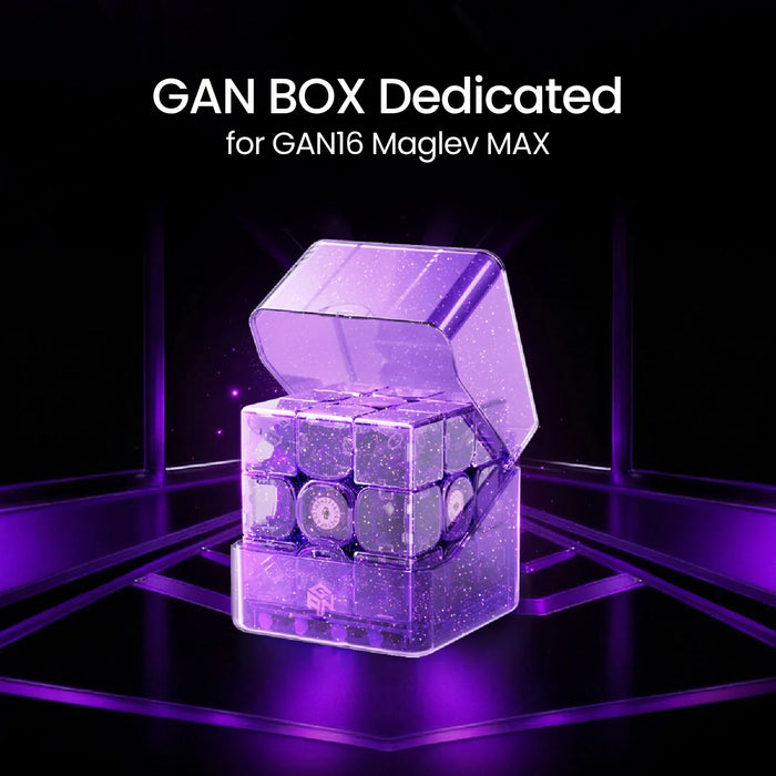 Transparent purple GAN BOX case holding a GAN16 Maglev MAX speed cube in a glowing futuristic setting