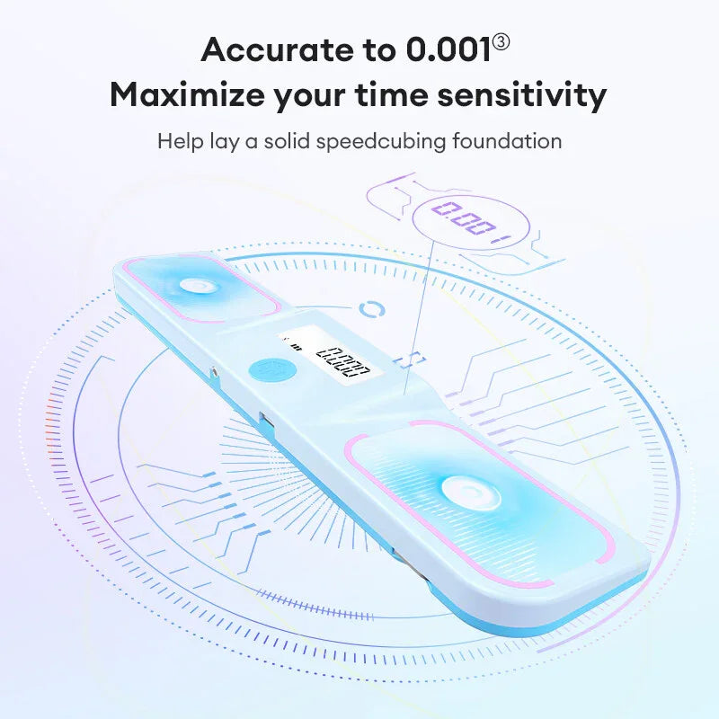 High-precision speedcubing timer with 0.001s accuracy, digital display, and circuit-themed design for competitive cubers