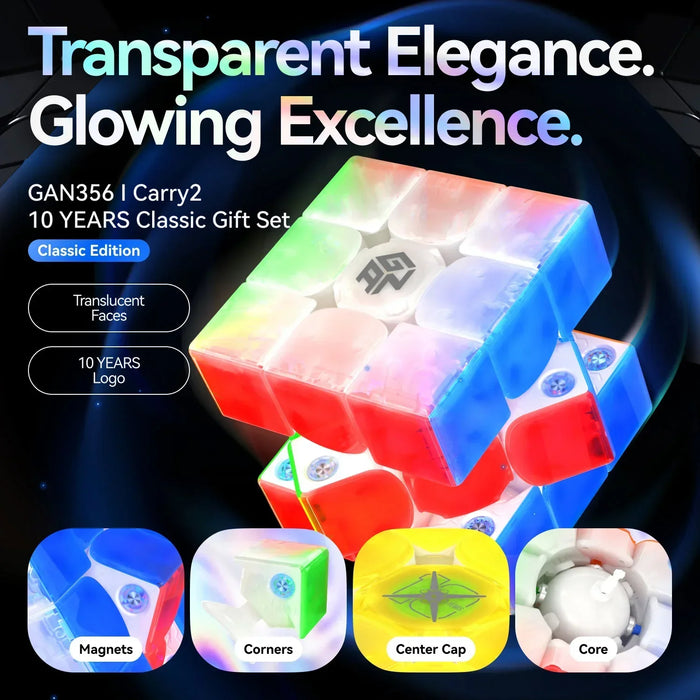 Transparent GAN356 iCarry2 10 Years Classic Edition Rubik's Cube with glowing translucent faces and 10 years logo