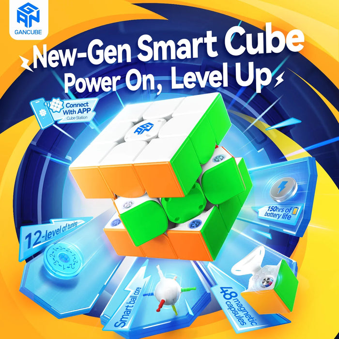 GANCUBE new-gen smart cube, white, green, and orange, with features like 12-level tuning and 48 magnetic capsules, highlighted in a colorful promotional layout.