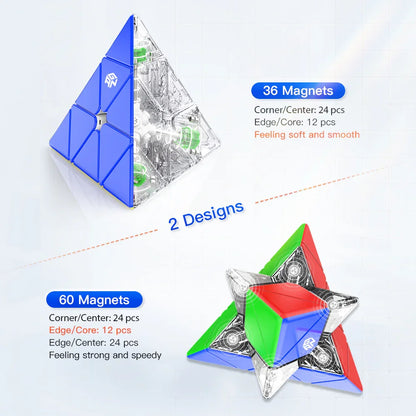 Two designs of GanCube Pyraminx magnetic puzzles showing blue solid and multicolor transparent models with 36 and 60 magnets