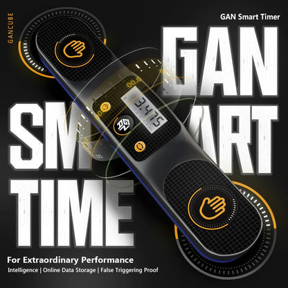 GAN Smart Timer digital speedcubing timer with black design and orange hand icons on dark background
