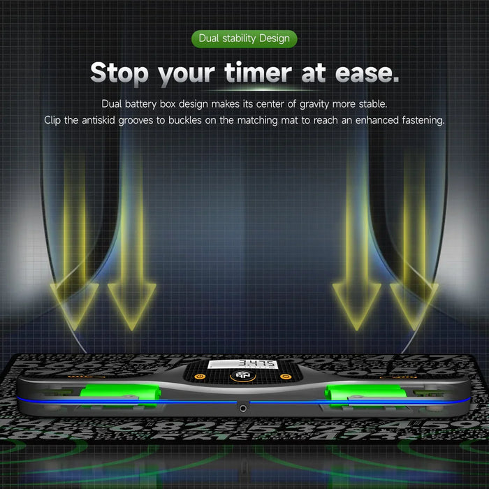 Gancube smart timer features dual battery box for stability with anti-skid grooves on matching mat