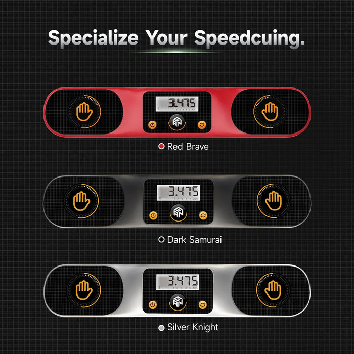 Three Gancube smart timers for speedcubing in red, black, and silver with digital displays and hand sensor buttons