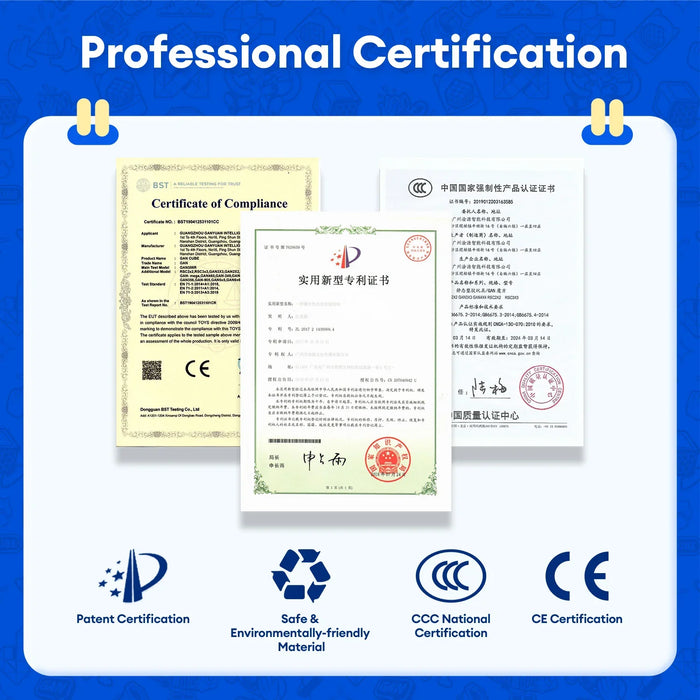 Professional certification display featuring patent, environmentally-friendly material, CCC national, and CE certificates