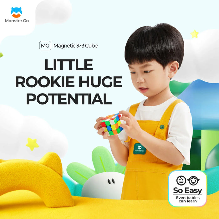 Child in yellow overalls solving colorful magnetic 3x3 cube puzzle toy educational