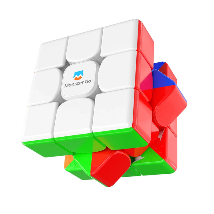 Partially scrambled Monster Go 3x3 speed cube with white, red, green, and blue sides
