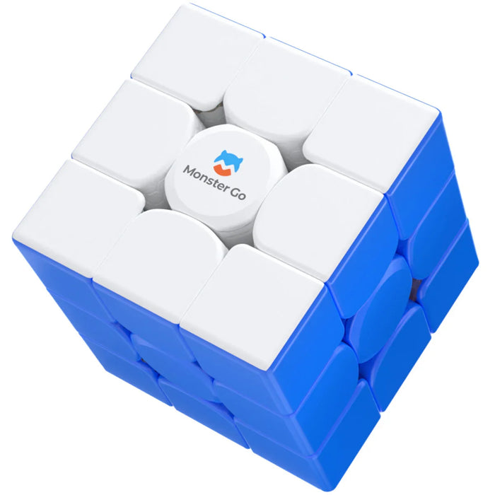Monster Go cube puzzle showing blue and white sides with Monster Go logo on the center white piece
