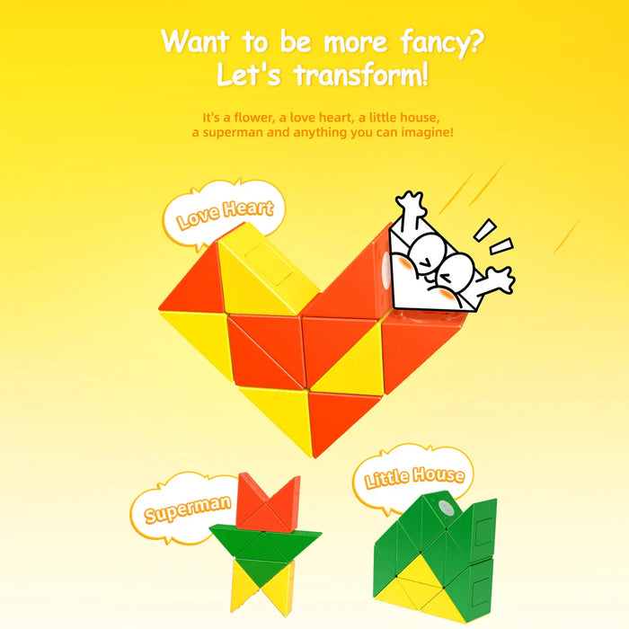 Colorful twist puzzle shapes on yellow background: love heart, superman star, little house, transforming toy puzzle