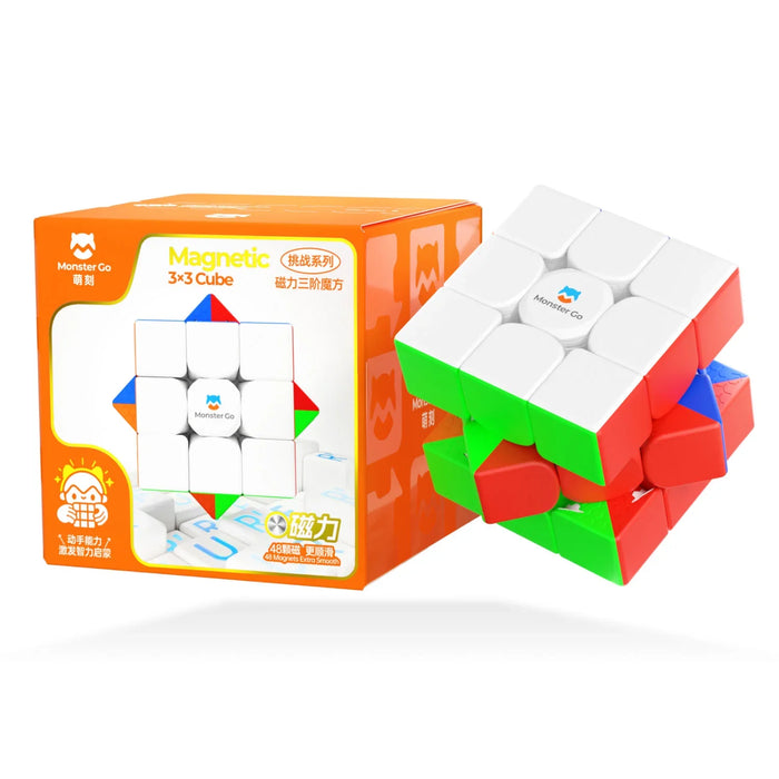 Monster Go Magnetic 3x3 Cube puzzle next to orange product box with branding and key features