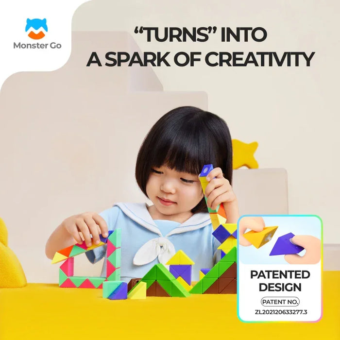 Child playing with colorful Monster Go magnetic puzzle blocks promoting creativity with patented design