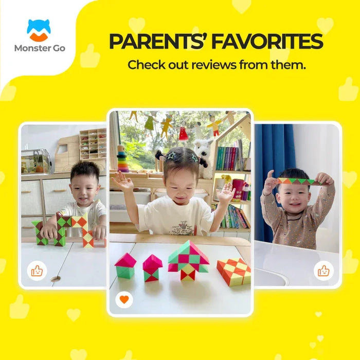 Three children smiling and playing with colorful geometric wooden puzzle blocks indoors, promoting Monster Go toy reviews