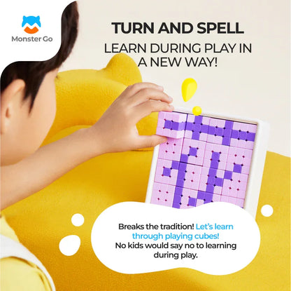 Child playing with a purple and pink mosaic spelling cube on a yellow couch, promoting learning through play