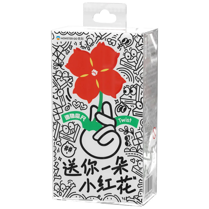 Monster Go Twist Puzzle packaging featuring a red flower held by a hand illustration with black doodles