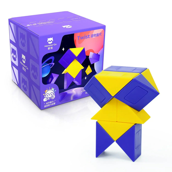Monster Go Twist puzzle toy in yellow and blue with space-themed packaging box