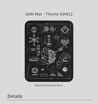 Black GAN12 theme mat with white technical diagrams and labels of GAN Cube parts, 320mm x 250mm x 3mm