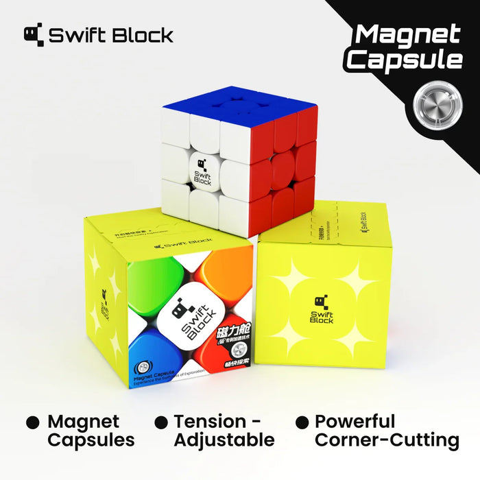 Swift Block 3x3 magnet capsule speed cube with packaging and features like adjustable tension and corner-cutting