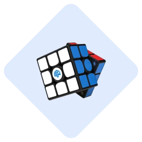 Partially solved 3x3 speed cube puzzle with white, blue, and red stickers on a light blue background