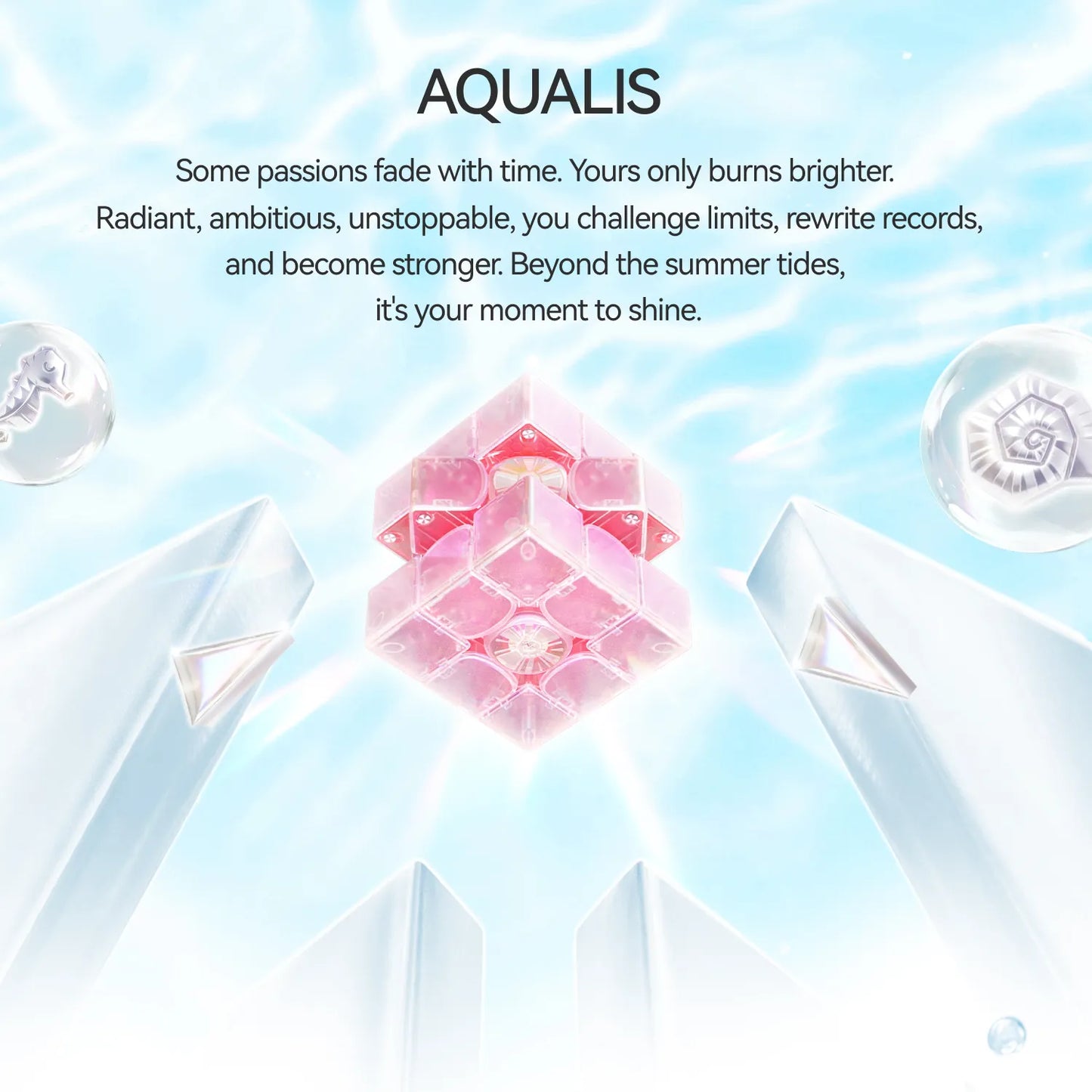 Aqualis speed cube with radiant pink design, surrounded by crystal elements and water-themed visuals.