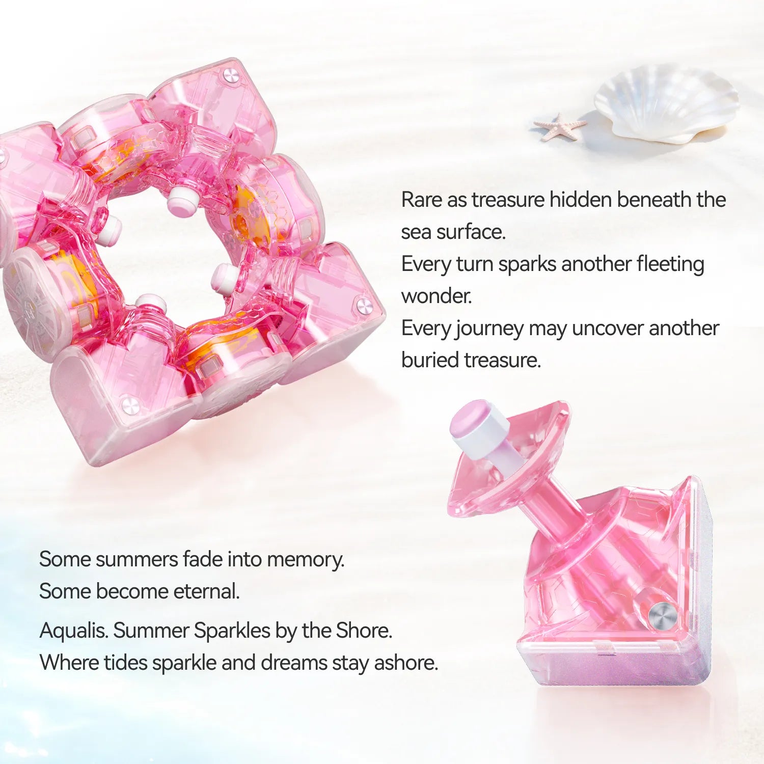 Pink transparent puzzle cube with ocean-themed design, seashell and starfish accents, ideal for speedcubing enthusiasts.