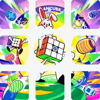 Colorful GANCUBE speed cube icons with Easter eggs, bunnies, and dynamic designs for puzzle lovers