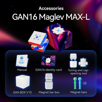 GAN16 Maglev MAX-L speed cube accessories including manual, identity card, tuning tool, GAN BOX V13, magnet bars
