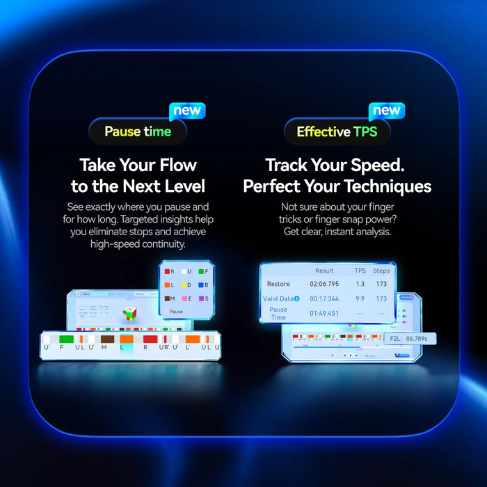 Smart cube analytics dashboard showing pause time and effective TPS tracking for speedcubing performance