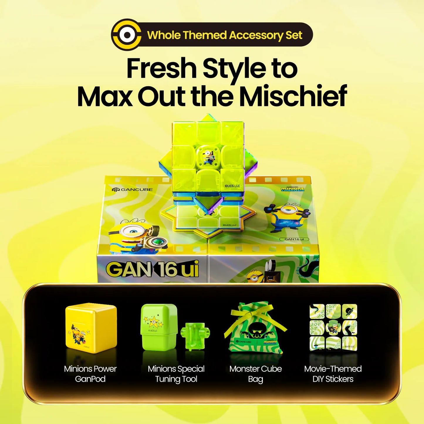 Minions-themed GAN 16 ui speed cube with accessory set including GanPod, tuning tool, cube bag, and DIY stickers