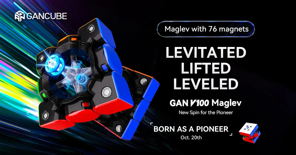 GANCUBE GAN V100 Maglev levitating device with colorful lights on a dark background